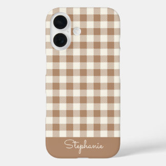 Funda iPhone 16 Boho Gingham Pattern Plaid Checkered Brown Name