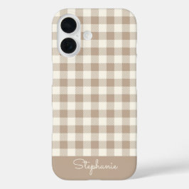 Funda iPhone 16 Boho Gingham Pattern Plaid Checkered Neutral Name