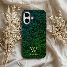 Funda iPhone 16 Boho Green Floral Gold Monogram Name