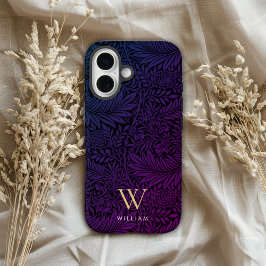 Funda iPhone 16 Boho Purple Floral Gold Monogram Name