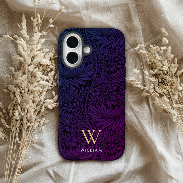 Funda iPhone 16 Boho Purple Floral Gold Monogram Name (Subido por el creador)