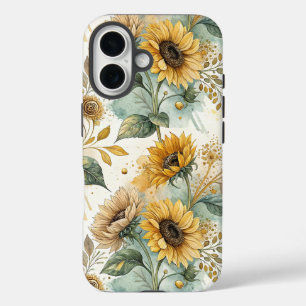 Funda iPhone 16 Boho Sunflowers Watercolor Gold
