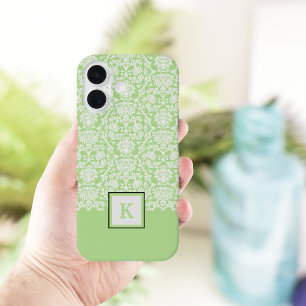 Funda iPhone 16 Bolso de mano con monograma con patrón de damasco 