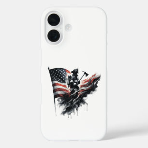 Funda iPhone 16 Bombero americano. Bandera de los Estados Unidos.