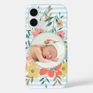 Funda iPhone 16 Bonito acuarela Floral y rayas Personalizado foto