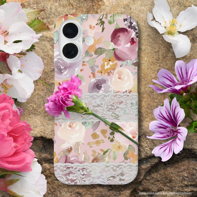 Funda iPhone 16 Bonito acuarela flores con encaje moda elegante (Subido por el creador)