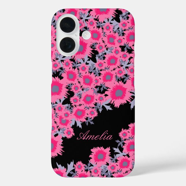 Funda iPhone 16 Bonito amapola rosa negro damasco de iphone (Reverso )