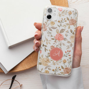 Funda iPhone 16 Bonito boho con monograma floral en pastel melocot