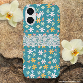 Funda iPhone 16 Bonito turquesa floral con encaje blanco Girona li