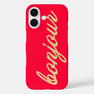 Funda iPhone 16 Bonjour en Gold Script Red French Hello