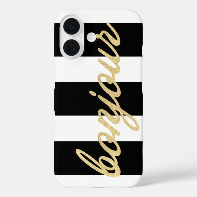 Funda iPhone 16 Bonjour en oro Script Black Stripes French Hello (Reverso )