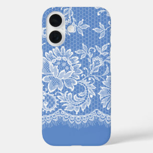 Funda iPhone 16 Borde de encaje blanco sobre azul