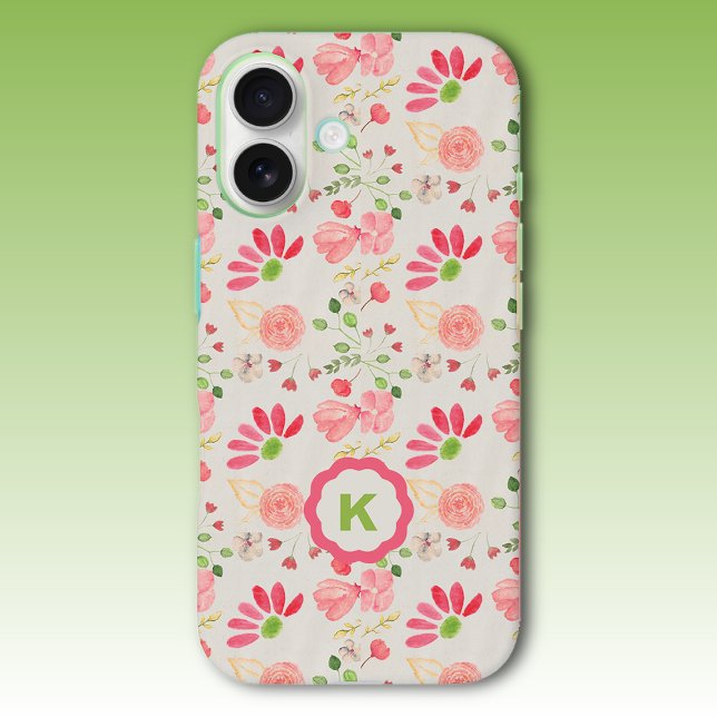 Funda iPhone 16 Botánicos florales rosas y verdes Monograma (Subido por el creador)