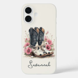 Funda iPhone 16 Botas elegantes de cuero de vaca con flores monogr