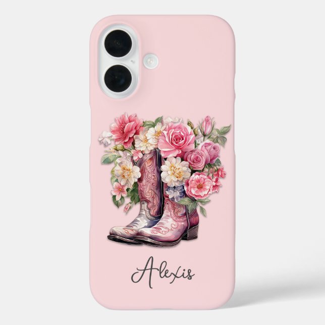 Funda iPhone 16 Botas rosadas con flores monogramadas (Reverso )