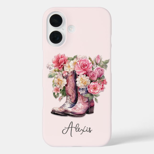 Funda iPhone 16 Botas rosadas con flores monogramadas (Reverso )