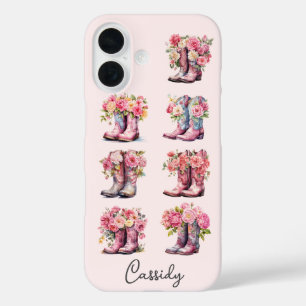 Funda iPhone 16 Botas Rosadas de Vaquera con Flores Monogramadas