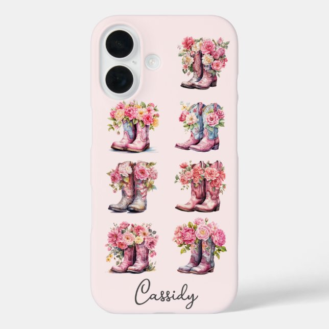 Funda iPhone 16 Botas Rosadas de Vaquera con Flores Monogramadas (Reverso )