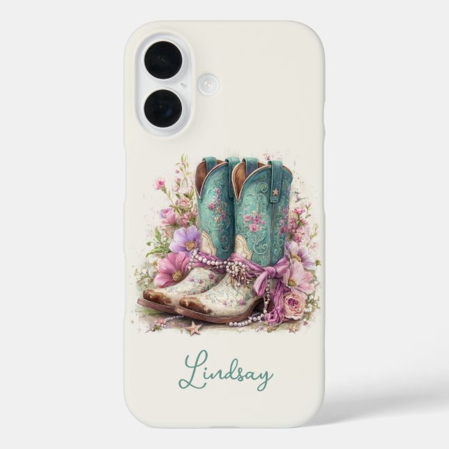 Funda iPhone 16 Botas turquesa elegantes con flores monogramadas (Reverso )