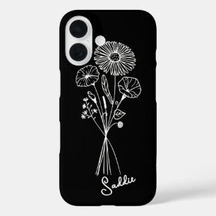 Funda iPhone 16 Bouquet floral personalizado Arte de línea blanca 