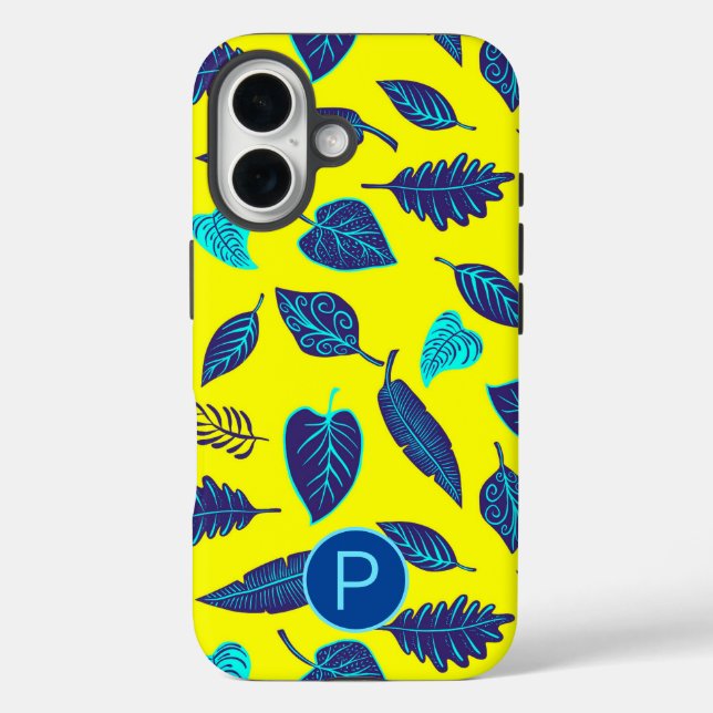 Funda iPhone 16 Bright Yellow Tropical Leaf Pattern Monogram (Reverso )