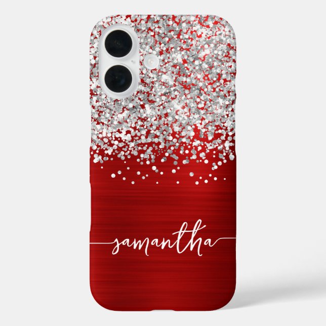 Funda iPhone 16 Brillante Glitter Plateado Rojo Glam Nombre (Reverso )
