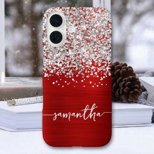 Funda iPhone 16 Brillante Glitter Plateado Rojo Glam Nombre