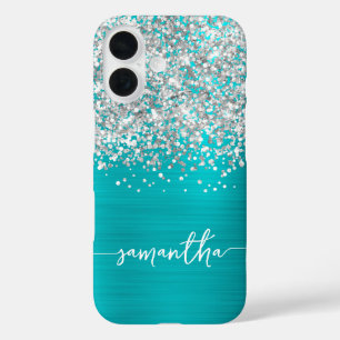 Funda iPhone 16 Brillante Glitter Plateado Turquesa Azul Nombre Gl