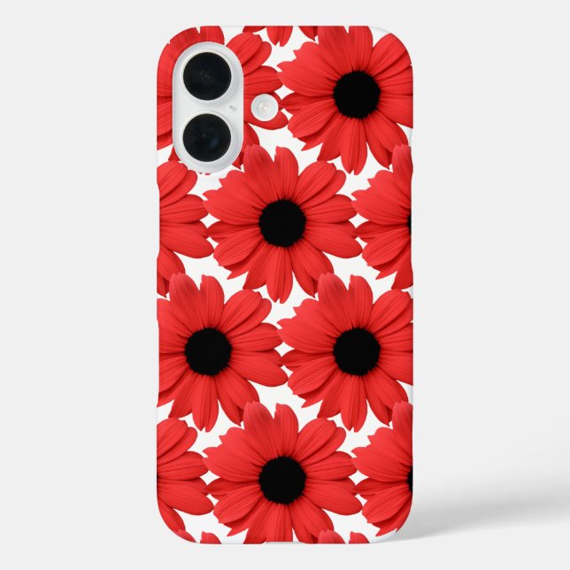 Funda iPhone 16 Brillantes Daisises Rojos con Centro Negro (Reverso )