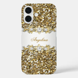 Funda iPhone 16 Brillo de joyas de diamantes de oro blanco platead