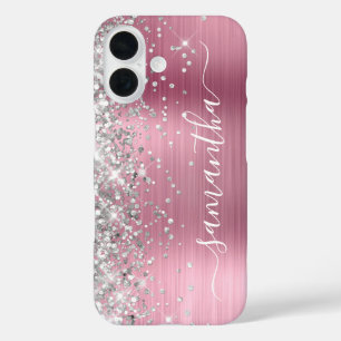 Funda iPhone 16 Brillo Plateado Rosa Claro Metálico Femenino Firma