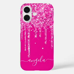 Funda iPhone 16 Brillos de rosa caliente glamour firma
