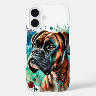 Funda iPhone 16 Brindle Boxer Watercolor Art