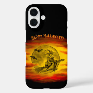 Funda iPhone 16 Bruja voladora con gato negro, noche de Halloween