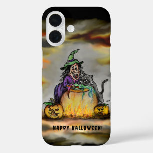 Funda iPhone 16 Bruja y gato negro, ¡Feliz Halloween!