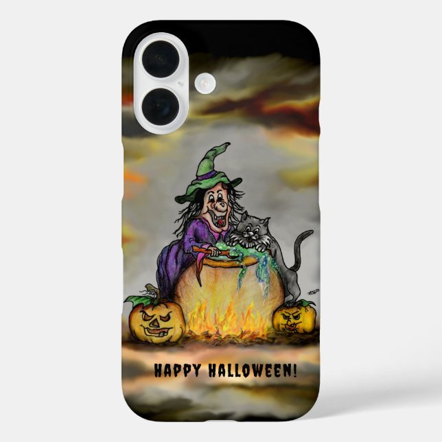 Funda iPhone 16 Bruja y gato negro, ¡Feliz Halloween! (Reverso )