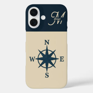 Funda iPhone 16 brújula azul marino con costa monogramo beige