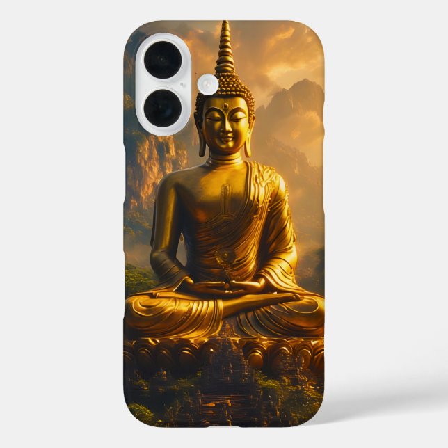 Funda iPhone 16 Buda sentado dorado bajo un cielo de puesta de sol (Reverso )