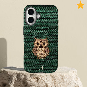 Funda iPhone 16 Búho de ganchillo acogedor y lindo con iniciales d