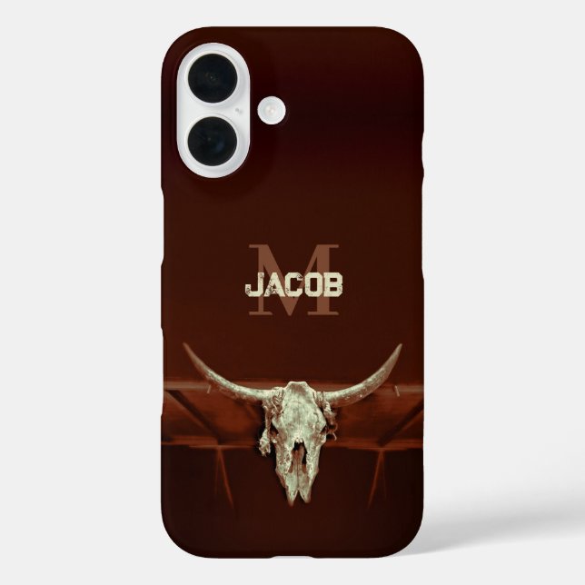 Funda iPhone 16 Bull Skull Brown Monograma Rústico País Occidental (Reverso )