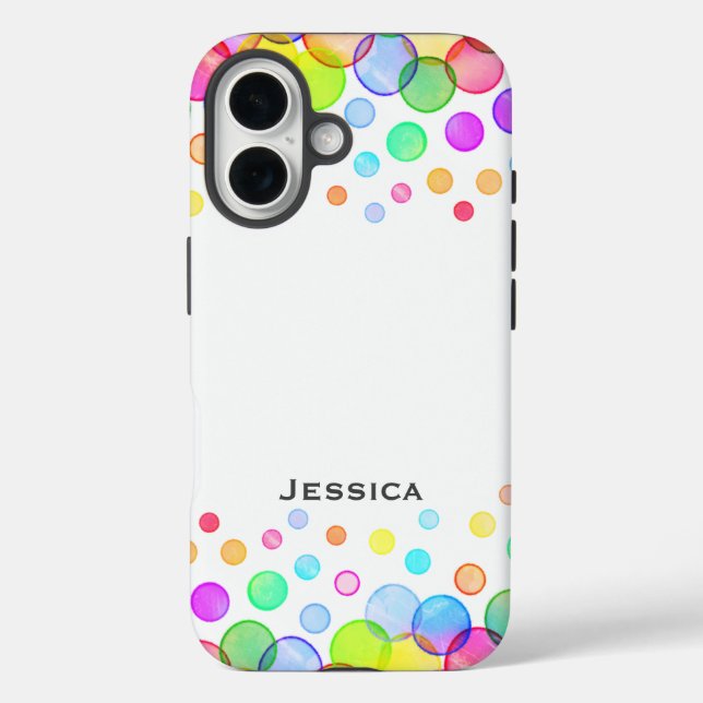Funda iPhone 16 Burbujas coloridas brillantes de color blanco pers (Reverso )