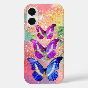 FUNDA iPhone 16 BUTTERFLAS AZULES DE PÚRPURA ROSA EN DERRAMES DE O