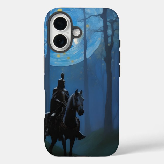Funda iPhone 16 Caballero Negro Misterioso en el Bosque a la Luz d (Reverso )