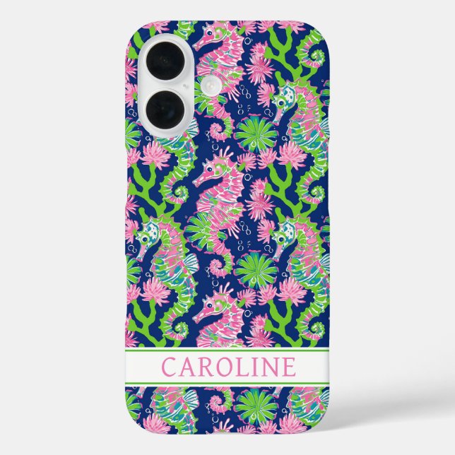 Funda iPhone 16 Caballitos de mar acuarela monogramados (Reverso )