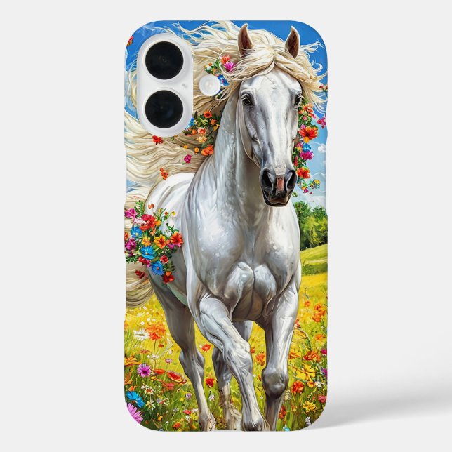 Funda iPhone 16 Caballo Blanco Estético en Prado Florido (Reverso )