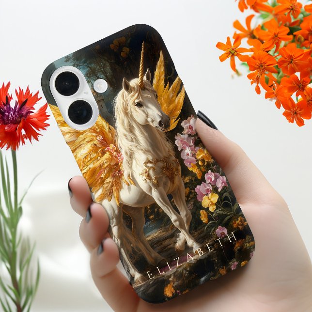 Funda iPhone 16 Caballo de Fantasía Floral Golden Pegasus (Subido por el creador)