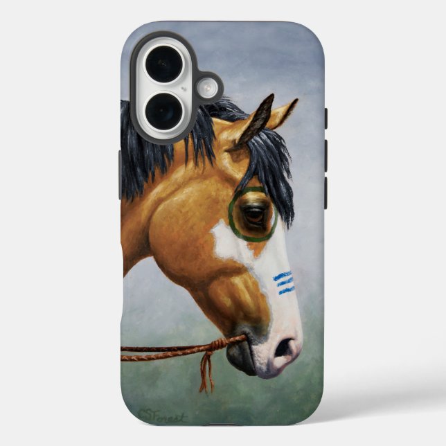 Funda iPhone 16 Caballo de Guerra Nativo Americano Buckskin Pinto (Reverso )