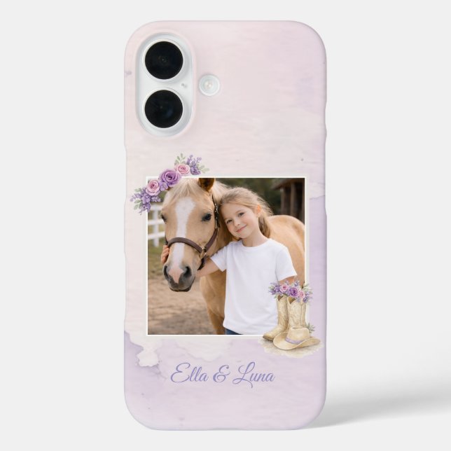 Funda iPhone 16 Caballo Floral Morado para Niñas (Reverso )