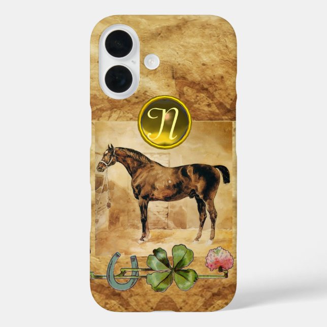 Funda iPhone 16 CABALLO INGLÉS,HORSESHOY,Pergamino de monograma (Reverso )