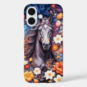 Funda iPhone 16 Caballo semental negro con cubierta de fondo de fl